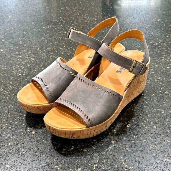 Korks Kork Ease Tone Quarter Strap Gray Leather Cork Wedge Sandals. Size 7M - Picture 1 of 8